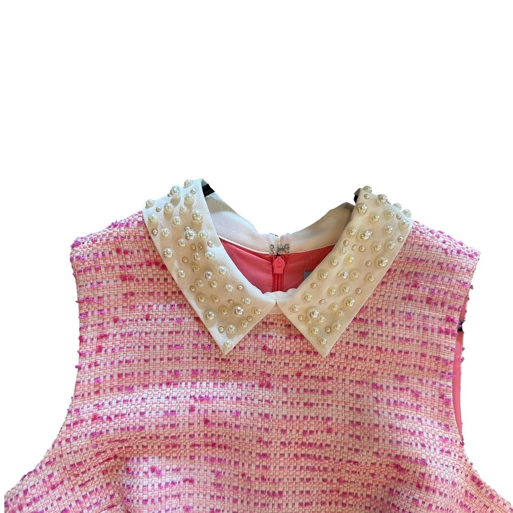 CeCe Pink Tweed Sleeveless Fit and Flare Dress Pearl Embellished Collar Size 4 - Picture 4 of 5